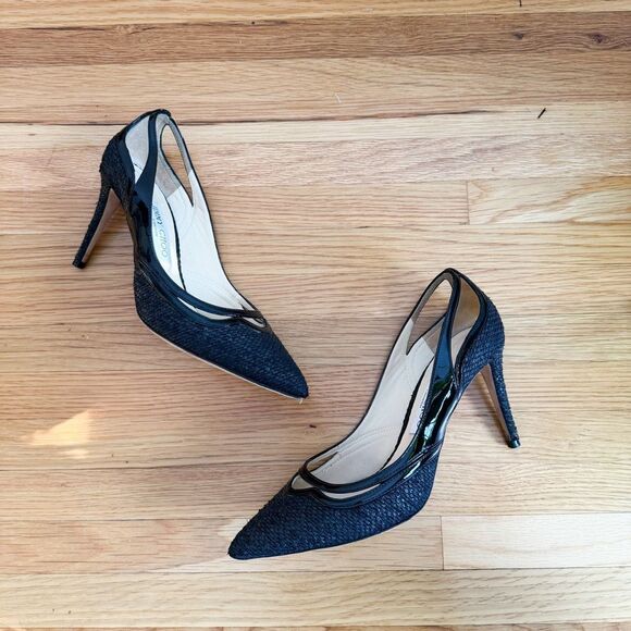 Jimmy Choo Hickory 85 Woven Canvas Patent Pumps Size 38.5 - Picture 2 of 7